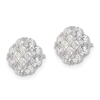 Sterling Silver Rhodium-plated Polished CZ Cluster Flower Post Earrings — alternate view
