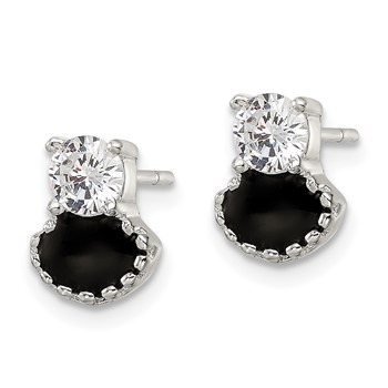 Sterling Silver Polished Black Enamel & CZ Post Earrings — alternate view