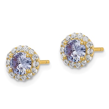 Sterling Silver Gold-tone Polished Purple & White CZ Halo Post Earrings — alternate view