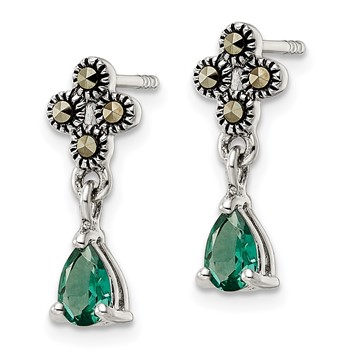 Sterling Silver Antiqued Marcasite & Cr. Green Quartz Post Dangle Earrings — alternate view
