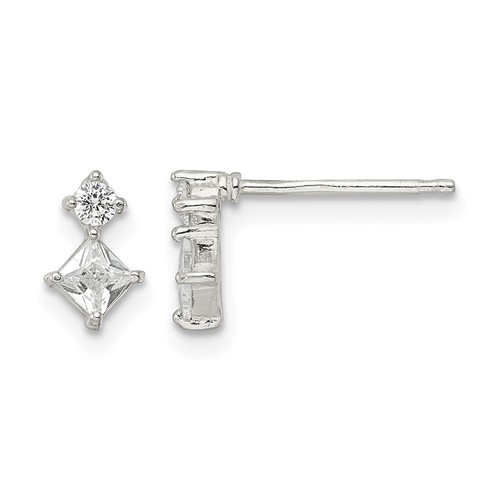 Sterling Silver Polished Two Square CZ Post Earrings