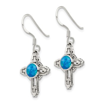 Sterling Silver Polished & Antiqued Blue Created Opal Cross Dangle Earrings — alternate view
