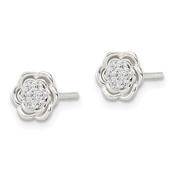 Sterling Silver Polished Floral CZ Post Earrings — alternate view