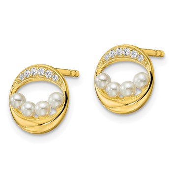 Sterling Silver Gold-tone CZ & Shell Pearl Post Earrings — alternate view