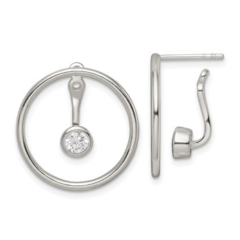 Sterling Silver Polished Slide On Dangle CZ Circle Earrings