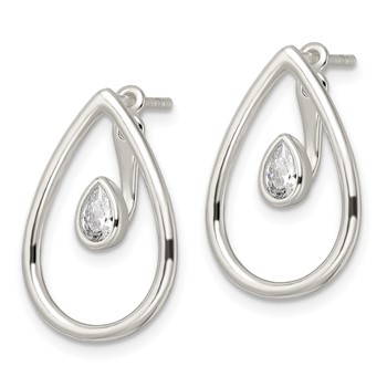 Sterling Silver Polished Teardrop w/Drop and Dangle CZ Threader Post Earrin — alternate view