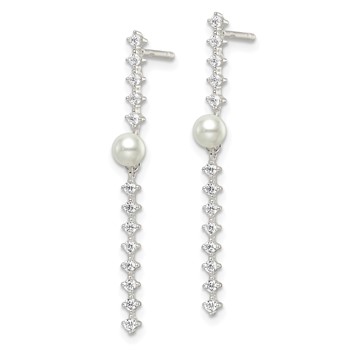 Sterling Silver Polished CZ and Glass Pearl Post Earrings — alternate view
