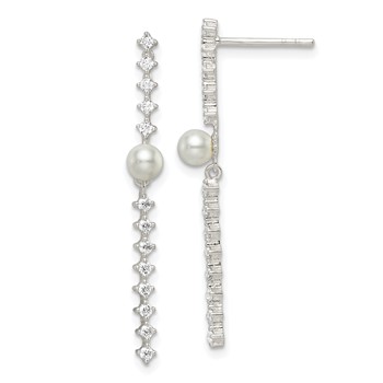 Sterling Silver Polished CZ and Glass Pearl Post Earrings