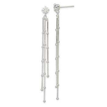 Sterling Silver Polished CZ & Beaded Chain Post Dangle Earrings