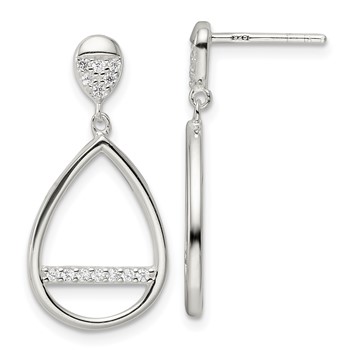 Sterling Silver Polished Teardrop Dangle CZ Post Earrings