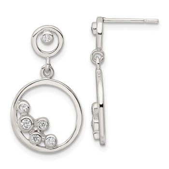 Sterling Silver Polished CZ Circle Dangle Post Earrings