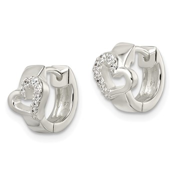Sterling Silver Polished CZ Heart Hinged Hoop Earrings — alternate view