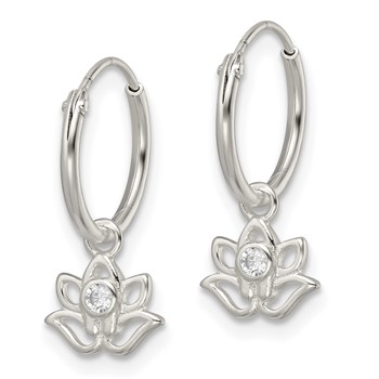 Sterling Silver Polished CZ Dangle Lotus Endless Hoop Earrings — alternate view