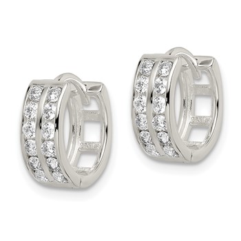 Sterling Silver Polished 2 Row CZ Hinged Hoop Earrings — alternate view