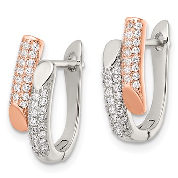 Sterling Silver Rose-tone Polished Pave CZ Hinged Hoop Earrings — alternate view