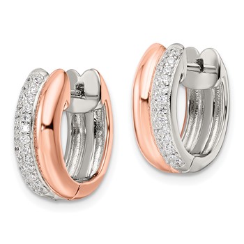Sterling Silver Rose-tone Polished Pave CZ Hinged Hoop Earrings — alternate view