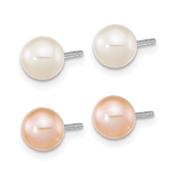 Sterling Silver Rhodium-plated 6-7mm White and Pink Round Freshwater Cultured Pearl Set of 2 Post Earrings — alternate view