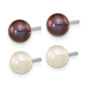 Sterling Silver Rhodium-plated 6-7mm Black and White Round Freshwater Cultured Pearl Set of 2 Post Earrings — alternate view