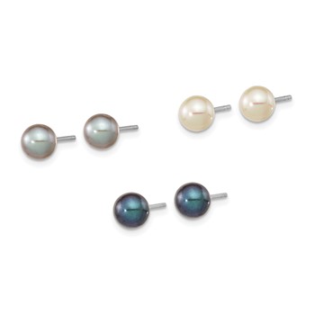"Sterling Silver Rhodium-plated 6-7mm Black, White and Grey Round Freshwater Cultured Pearl Set of 3 Post Earrings" — alternate view