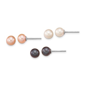 "Sterling Silver Rhodium-plated 6-7mm Black, White and Pink Round Freshwater Cultured Pearl Set of 3 Post Earrings"