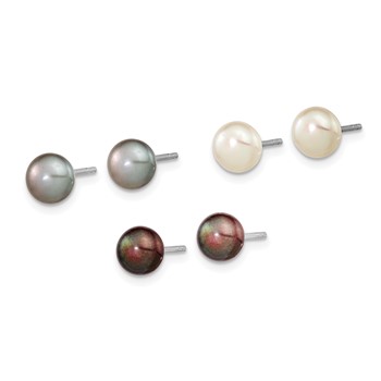 "Sterling Silver Rhodium-plated 6-7mm Black, white and Grey Button Freshwater Cultured Pearl Set of 3 Post Earrings  " — alternate view