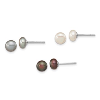 "Sterling Silver Rhodium-plated 6-7mm Black, white and Grey Button Freshwater Cultured Pearl Set of 3 Post Earrings  "