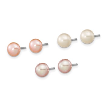 "Sterling Silver Rhodium-plated 6-7mm White, Pink and Purple Button Freshwater Cultured Pearl Set of 3 Post Earrings " — alternate view
