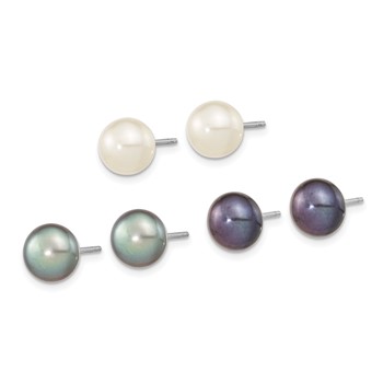 "Sterling Silver Rhodium-plated 8-9mm Black, White and Grey Button Freshwater Cultured Pearl Set of 3 Post Earrings  " — alternate view