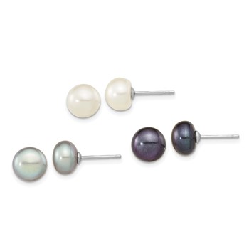 "Sterling Silver Rhodium-plated 8-9mm Black, White and Grey Button Freshwater Cultured Pearl Set of 3 Post Earrings  "