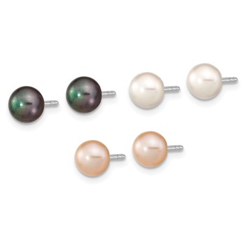 "Sterling Silver Rhodium-plated 6-7mm White, Black and Pink Button Freshwater Cultured Pearl Set of 3 Post Earrings  " — alternate view