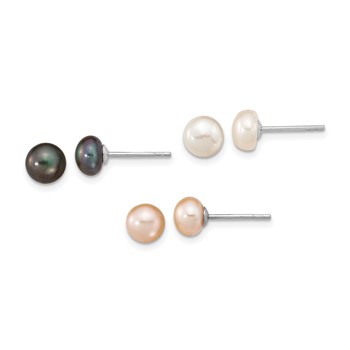 "Sterling Silver Rhodium-plated 6-7mm White, Black and Pink Button Freshwater Cultured Pearl Set of 3 Post Earrings  "
