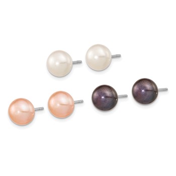 "Sterling Silver Rhodium-plated 8-9mm White, Black and Pink Button Freshwater Cultured Pearl Set of 3 Post Earrings  " — alternate view