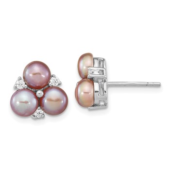 Sterling Silver Rhodium-plated 5-6mm Purple Button Freshwater Cultured Pearl Post Earrings