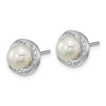 Sterling Silver Rhodium-plated 6-7mm White Button Freshwater Cultured Pearl and CZ Post Earrings — alternate view