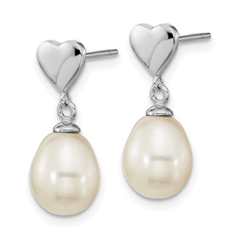 Sterling Silver Rhodium-plated 7x9mm White Teardrop Freshwater Cultured Pearl Heart Post Dangle Earrings — alternate view