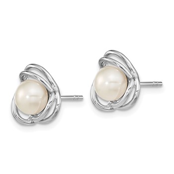Sterling Silver Rhodium-plated 6-7mm White Button Freshwater Cultured Pearl Knot Post Earrings — alternate view
