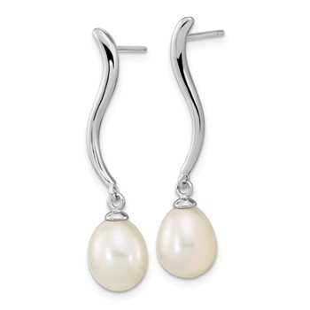 Sterling Silver Rhodium-plated 7-9mm White Teardrop Freshwater Cultured Pearl Post Dangle Earrings — alternate view
