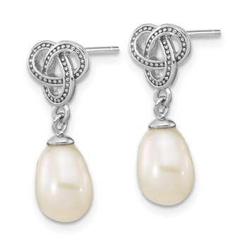 Sterling Silver Rhodium-plated 6-7mm White Rice Freshwater Cultured Pearl Knot Post Dangle Earrings — alternate view