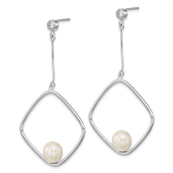 Sterling Silver Rhod-plated 7-8mm White Rice FWC Pearl CZ Dangle Earrings — alternate view