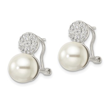 Sterling Silver Imitation Shell Pearl and CZ Omega Back Earrings — alternate view