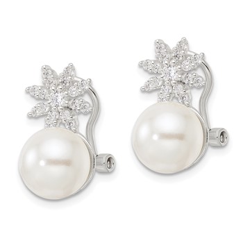 Sterling Silver Imitation Shell Pearl and CZ Floral Omega Back Earrings — alternate view