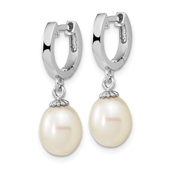 Sterling Silver Rhodium-plated 8-9mm White Teardrop Freshwater Cultured Pearl Dangle Hoop Earrings — alternate view