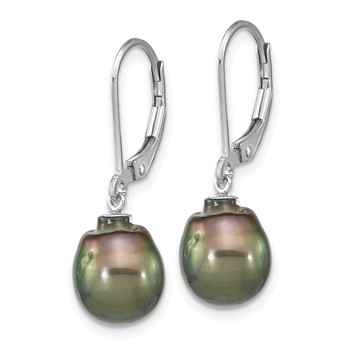Sterling Silver Rhodium-plated 9-10mm Black Teardrop Tahitian Saltwater Cultured Pearl Dangle Leverback Earrings — alternate view