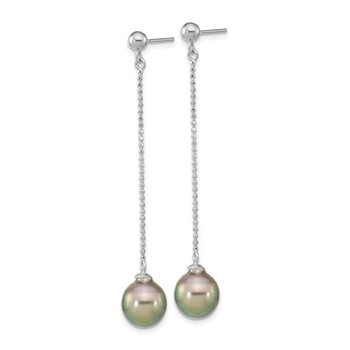 Sterling Silver Rhodium-plated 9-10mm Black Teardrop Tahitian Saltwater Cultured Pearl Post Dangle Earrings — alternate view
