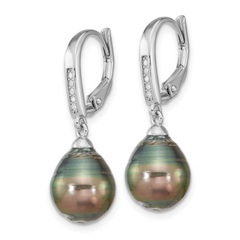 Sterling Silver Rhodium-plated 9-10mm Black Teardrop Tahitian Saltwater Cultured Pearl and CZ Dangle Leverback Earrings — alternate view
