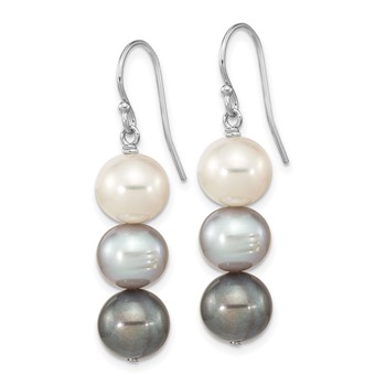"Sterling Silver Rhodium-plated 8-9mm Black, White and Grey Near-Round Freshwater Cultured Pearl Dangle Earrings" — alternate view