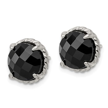Sterling Silver Polished & Twisted Edge Round Onyx Post Earrings — alternate view