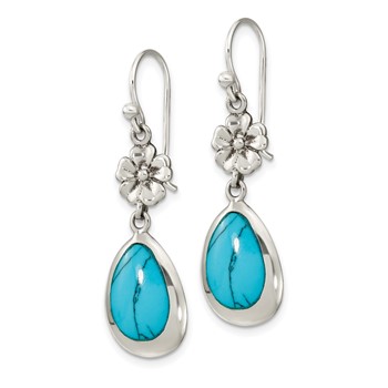 Sterling Silver Polished Recon. Turquoise Floral Teardrop Dangle Earrings — alternate view