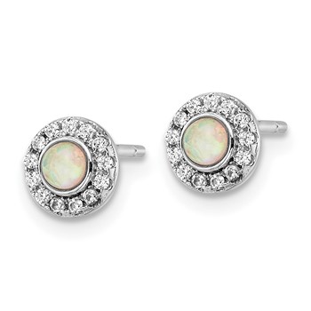 Sterling Silver Rhod-plated Polished Created Opal & CZ Halo Post Earrings — alternate view