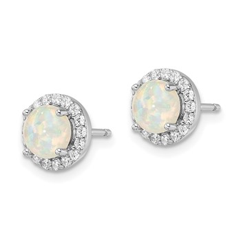 Sterling Silver RH-pltd Polished Created Opal/CZ Round Halo Post Earrings — alternate view
